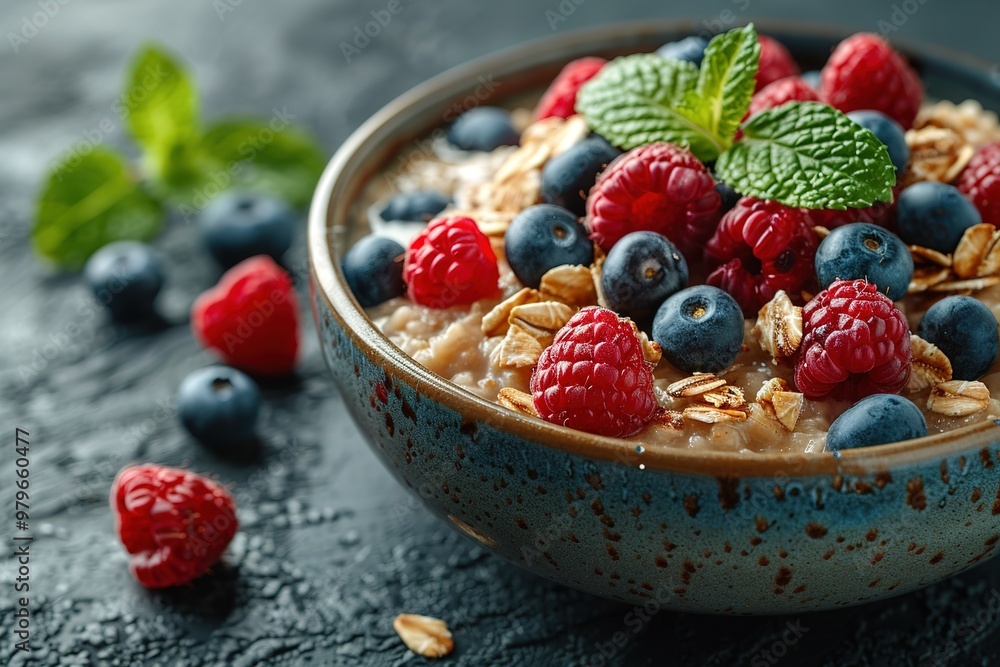 A bowl of oatmeal with blueberries and raspberries A bowl of oatmeal with blueberries and raspberries