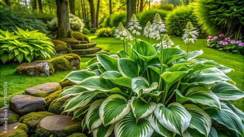 Vibrant green Hosta capitata plants with delicate white flowers bloom in a lush Swedish garden surrounded by moss and stones on a serene summer day. photo