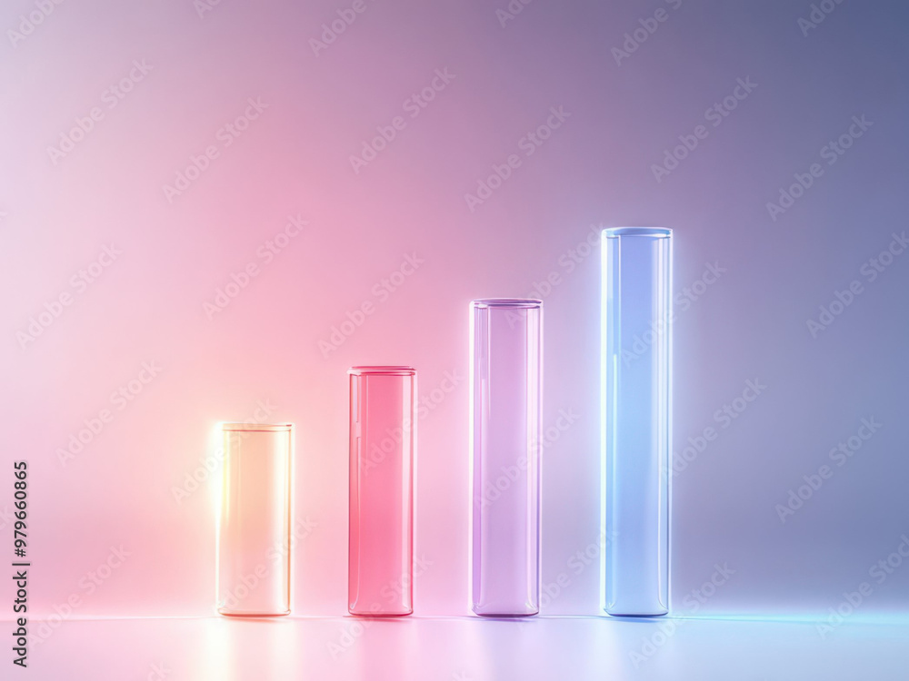 Glowing glass bars rising on gradient background. Perfect for futuristic, technology, and growth concepts. Glowing glass bars rising on gradient background. Perfect for futuristic, technology, and growth concepts.