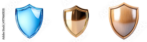 Collection of three shields, symbolizing protection and security isolate on transparent background, cutout, png