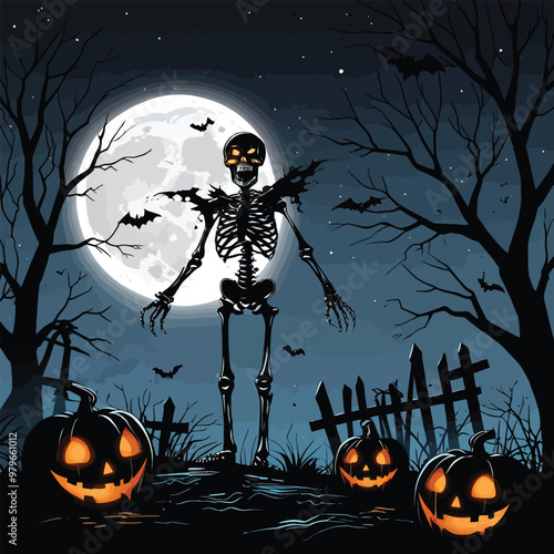 Halloween best skull graphic with hunted house at mid night horror illustration