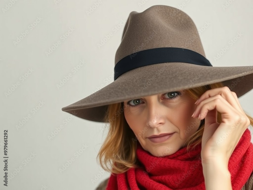 Ultracalistic design of mature interesting woman hiding face behind hat brim Ultracalistic design of mature interesting woman hiding face behind hat brim