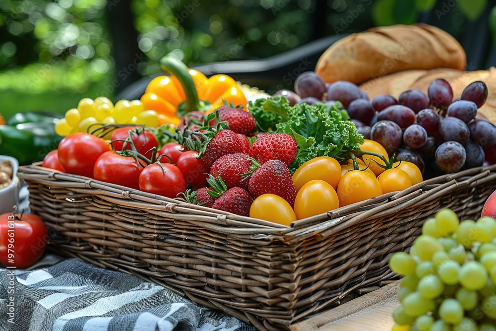 A basket of fruits and vegetables including tomatoes, strawberries, and grapes A basket of fruits and vegetables including tomatoes, strawberries, and grapes