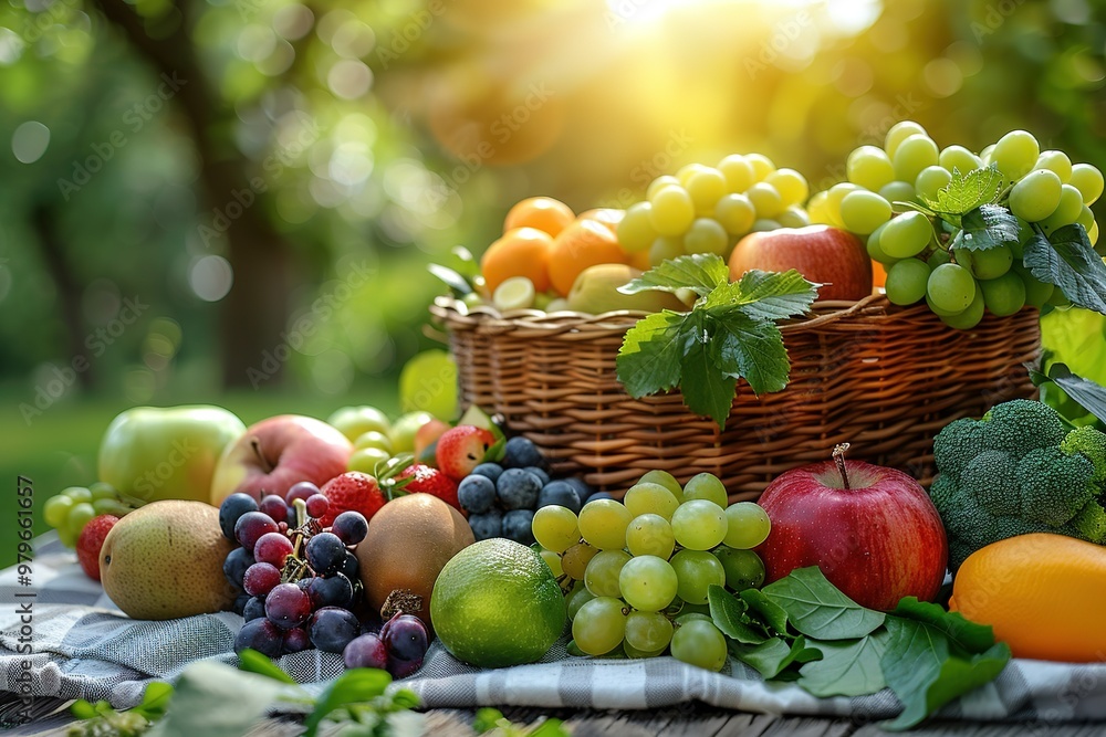 A basket of fruit including apples, oranges, and grapes A basket of fruit including apples, oranges, and grapes