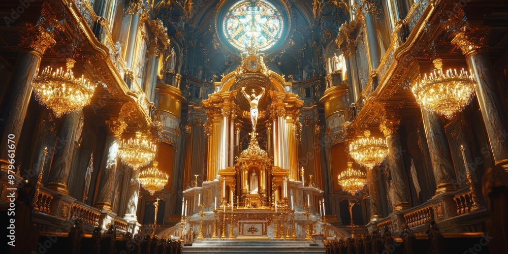 Obraz premium Ornate Church Interior with Golden Accents and Chandeliers