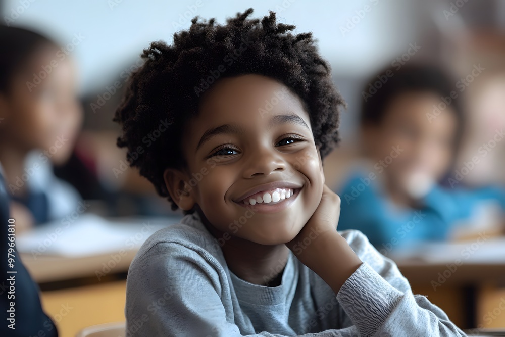 happy student child with smile and curly hair sitting in the school in the classroom happy student child with smile and curly hair sitting in the school in the classroom