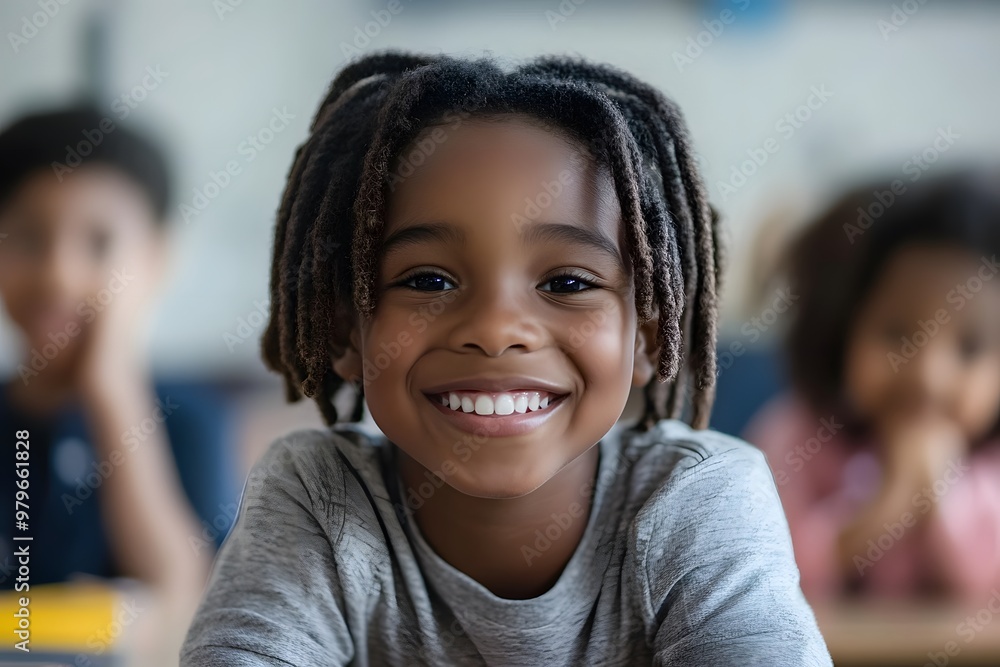 happy student child with smile and curly hair sitting in the school in the classroom happy student child with smile and curly hair sitting in the school in the classroom