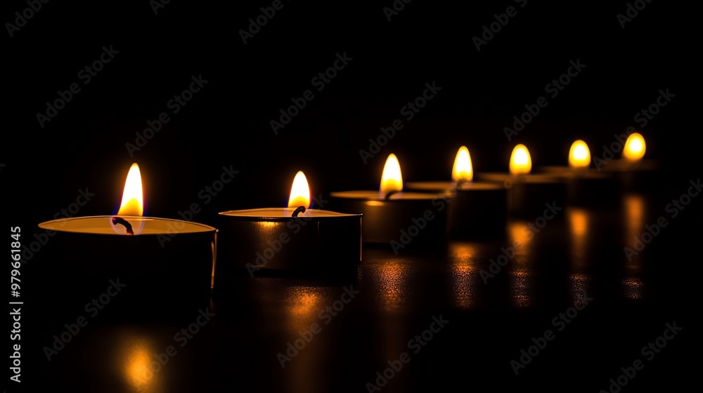 A serene row of lit candles illuminating the darkness, creating a calming and peaceful ambiance. A serene row of lit candles illuminating the darkness, creating a calming and peaceful ambiance.
