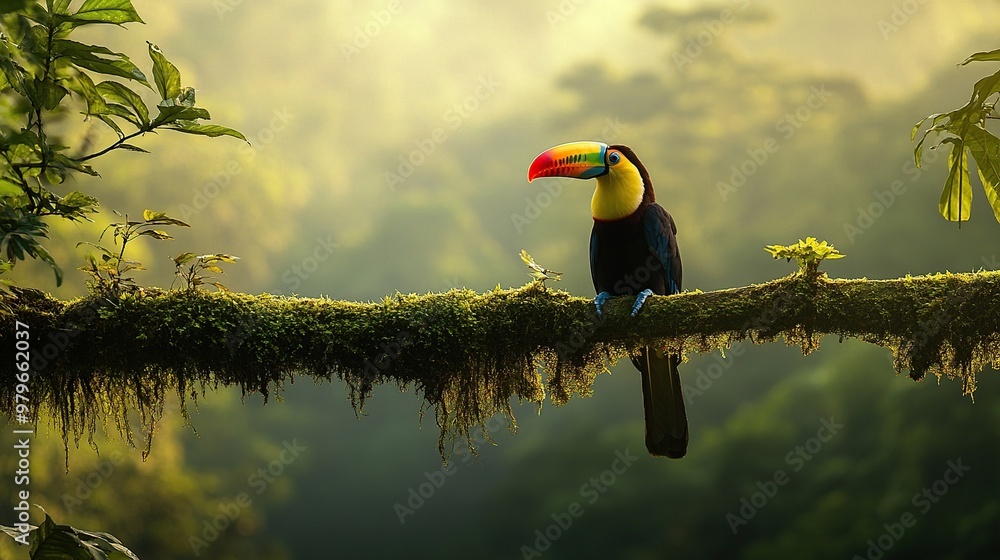 A vibrant toucan perched on a mossy branch in a lush, tropical forest setting. A vibrant toucan perched on a mossy branch in a lush, tropical forest setting.