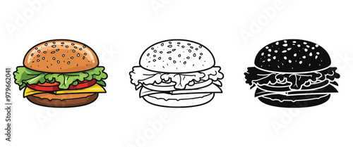 Burger Illustration Vector, Silhouette, Outline, logo type isolated on white background. 