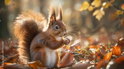 A red squirrel sits among fallen leaves, enjoying a meal in the autumn forest.