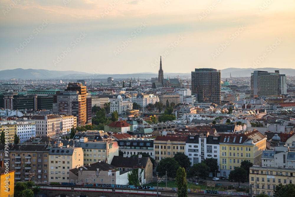 Fototapeta premium Vienna cityscape: Aerial view of Austrian capital with St. Stephen's Cathedral and urban graffiti