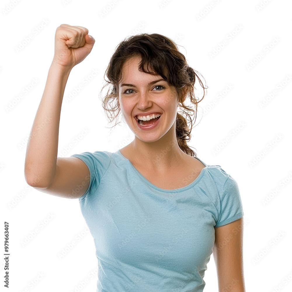 A woman raising her fist, smiling with enthusiasm. isolated on transparency background A woman raising her fist, smiling with enthusiasm. isolated on transparency background