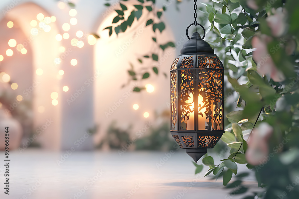 Fototapeta premium A decorative lantern illuminates a serene outdoor setting surrounded by greenery and soft lights.