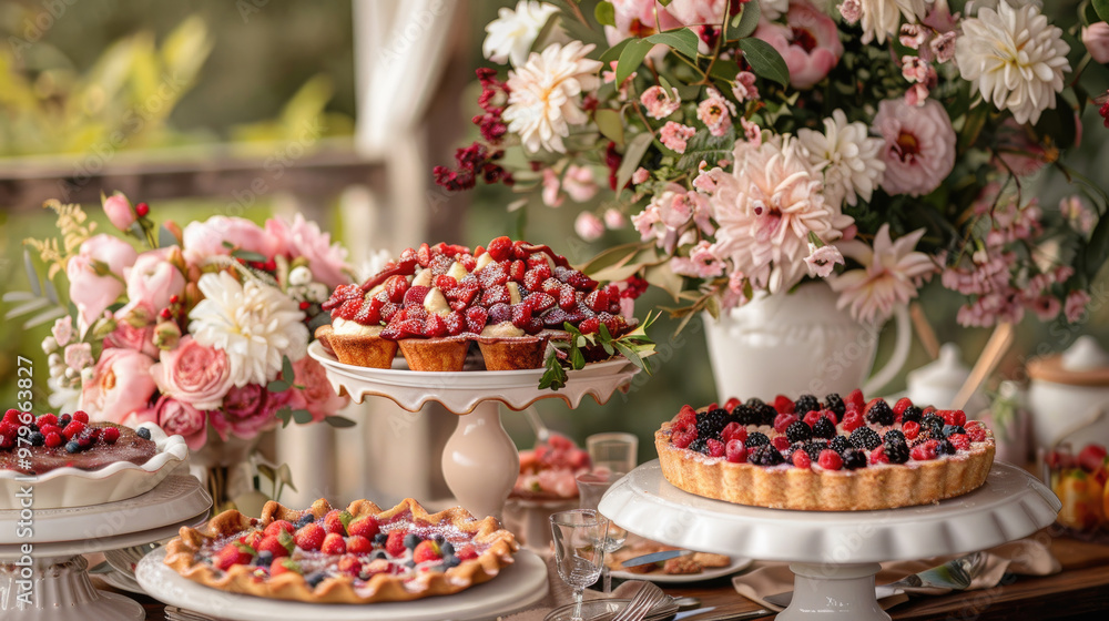 Elegant Dessert Table with Assorted Berry Tarts and Floral Arrangements in a Garden Setting Elegant Dessert Table with Assorted Berry Tarts and Floral Arrangements in a Garden Setting