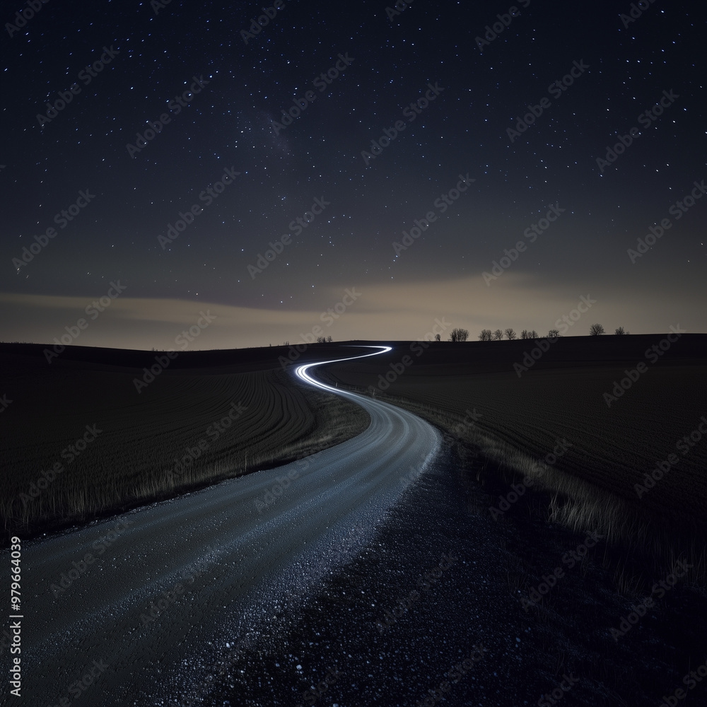 Fototapeta premium A night road with a gentle curve stretches through a field under a starry sky, with silhouettes of trees visible on the horizon. Long exposure creates a light trail on the road