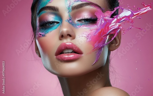 Beautiful woman with colored make-up. Close-up portrait