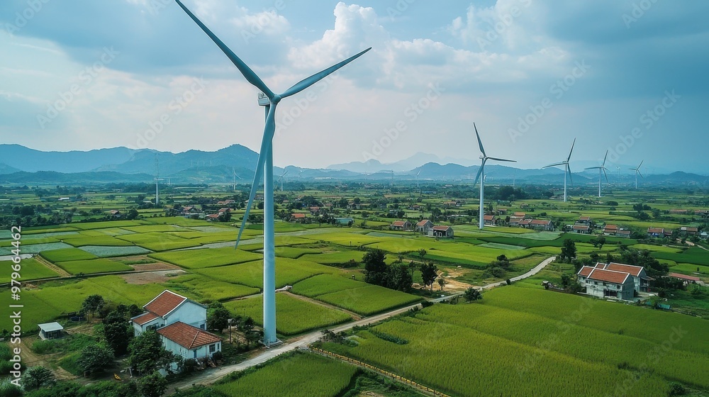 Obraz premium A field of wind turbines with a few houses in the background