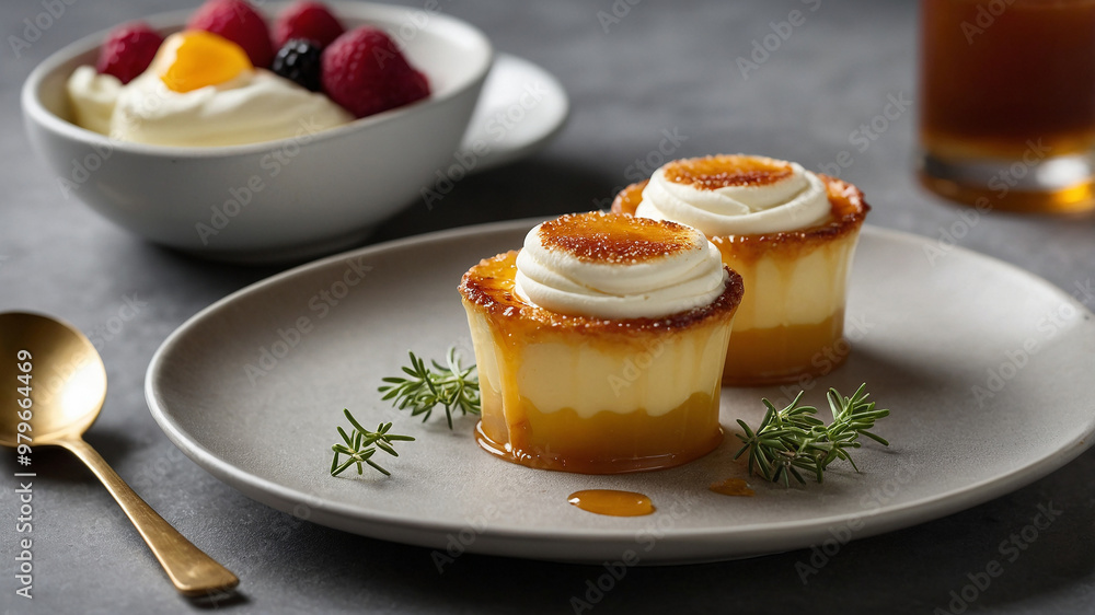 Two elegant custard desserts drizzled with caramel and garnished with rosemary, served on a gray plate. Two elegant custard desserts drizzled with caramel and garnished with rosemary, served on a gray plate.