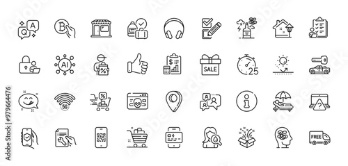 Sunbed, Headphones and Repair document line icons pack. AI, Question and Answer, Map pin icons. Alcohol addiction, Bitcoin pay, Street light web icon. Market, Car key, Checkbox pictogram. Vector