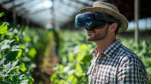 A man wearing a hat and a plaid shirt is looking at a virtual reality display