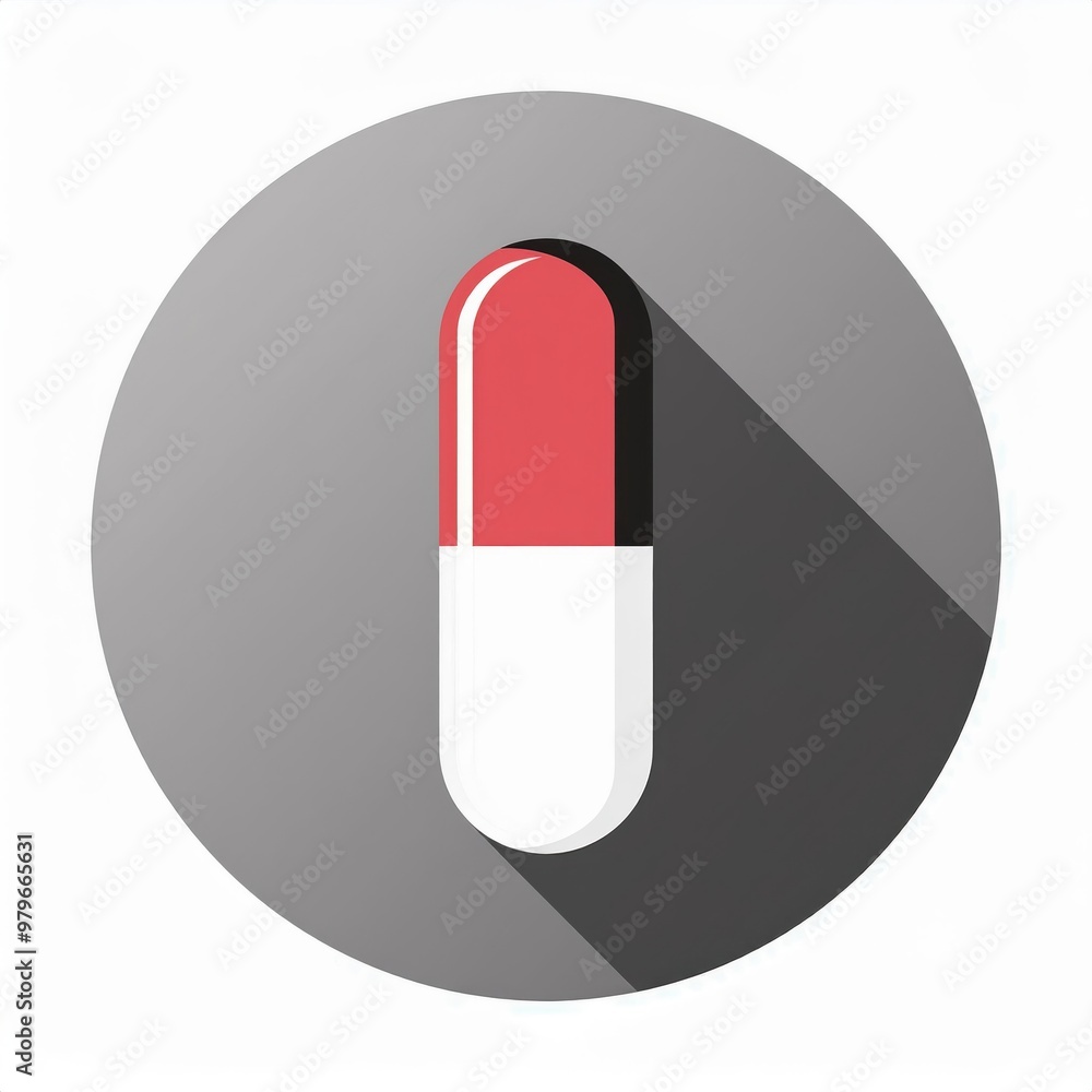 Minimalist Icon of a Red and White Capsule Pill with Long Shadow on a Light Background. Clean, Flat Design with Soft Stripes for Medical Pharmaceutical, or Health Related Concepts Vector Logo Icon PNG Minimalist Icon of a Red and White Capsule Pill with Long Shadow on a Light Background. Clean, Flat Design with Soft Stripes for Medical Pharmaceutical, or Health Related Concepts Vector Logo Icon PNG