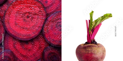Creative layout made of beetroot on the white background and beetroot background. Food concept. Macro concept.