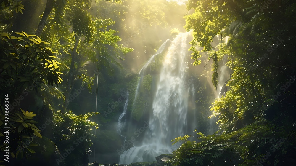A hidden cascade falling in a lush jungle with light breaking the dense trees A hidden cascade falling in a lush jungle with light breaking the dense trees