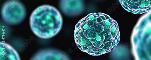 Close-up of human stem cells glowing under fluorescent light