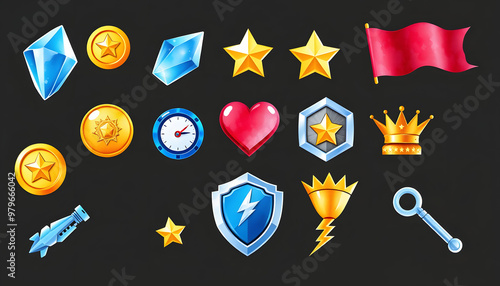 Set of items for gaming interface. Crystal, coin, heart, star, stopwatch, shield, trophy, crown, flag, lightning, key. Flat vector elements for mobile arcade and casual game isolated with white high photo