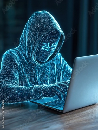 A mysterious figure in a digital hoodie, engaging with a laptop, symbolizing cyber security and hacking themes. photo