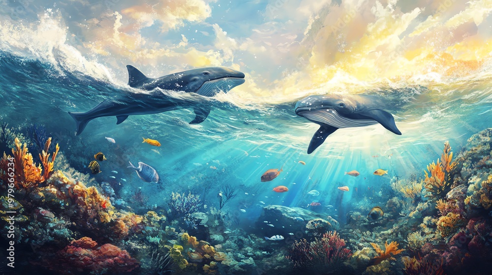 A vibrant underwater scene featuring dolphins and sharks swimming among colorful coral reefs under a stunning sky. A vibrant underwater scene featuring dolphins and sharks swimming among colorful coral reefs under a stunning sky.