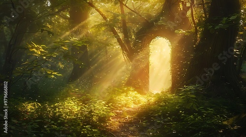 A hidden door equipped bush in a lovely forest filled by shimmering light