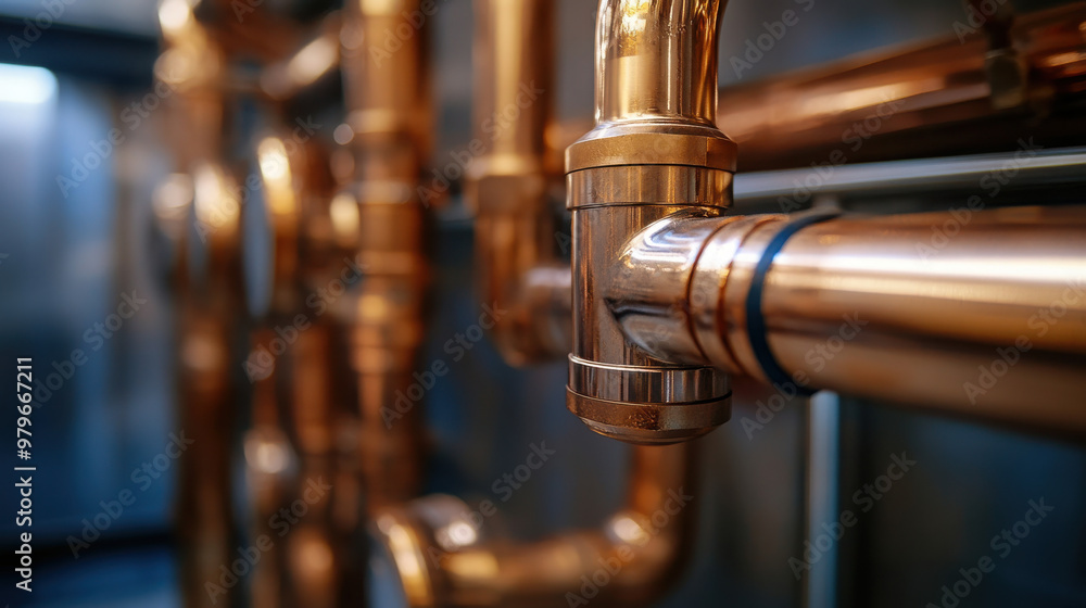Close-up of copper plumbing pipes showcasing industrial design and functionality. Close-up of copper plumbing pipes showcasing industrial design and functionality.