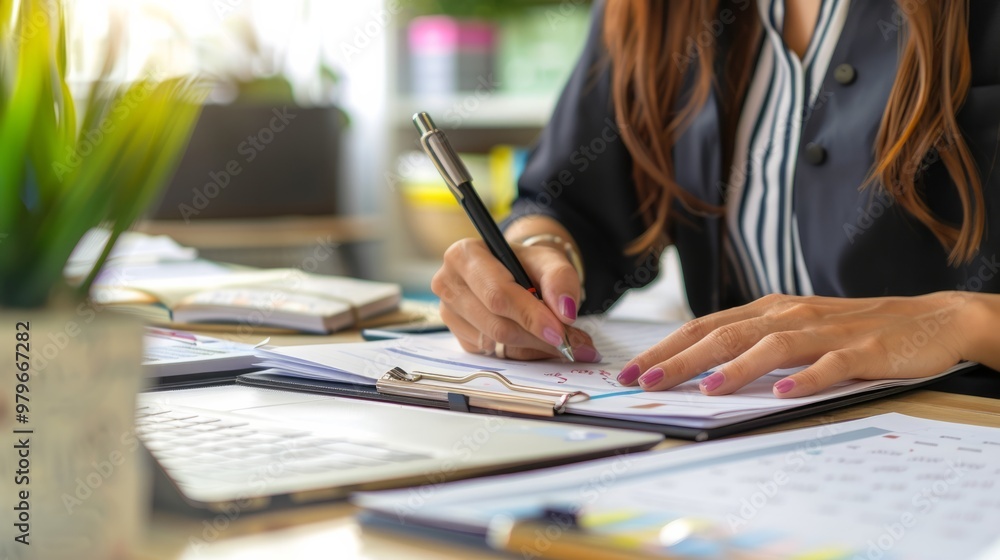 Business woman reviewing planner generative ai Business woman reviewing planner generative ai