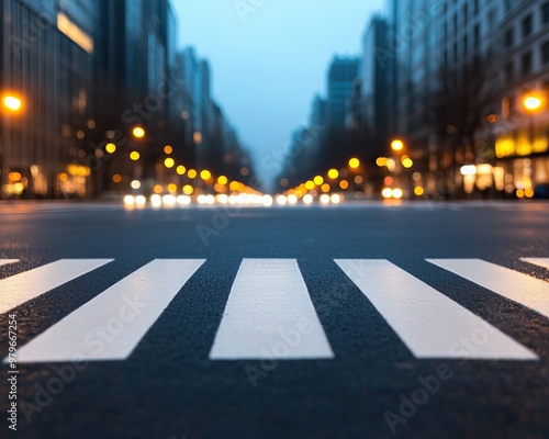 City street at dusk featuring clear crosswalk lines and illuminated buildings, creating a vibrant urban atmosphere.