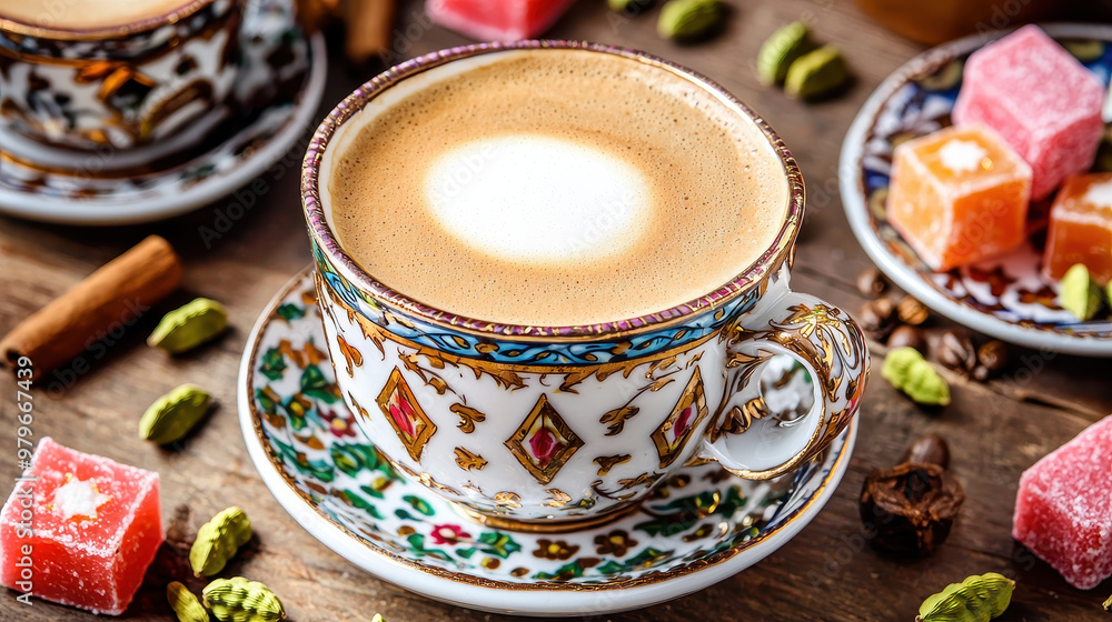 Traditional coffee served in an ornate decorative cup alongside colorful Turkish delight and spices on a wooden surface Traditional coffee served in an ornate decorative cup alongside colorful Turkish delight and spices on a wooden surface
