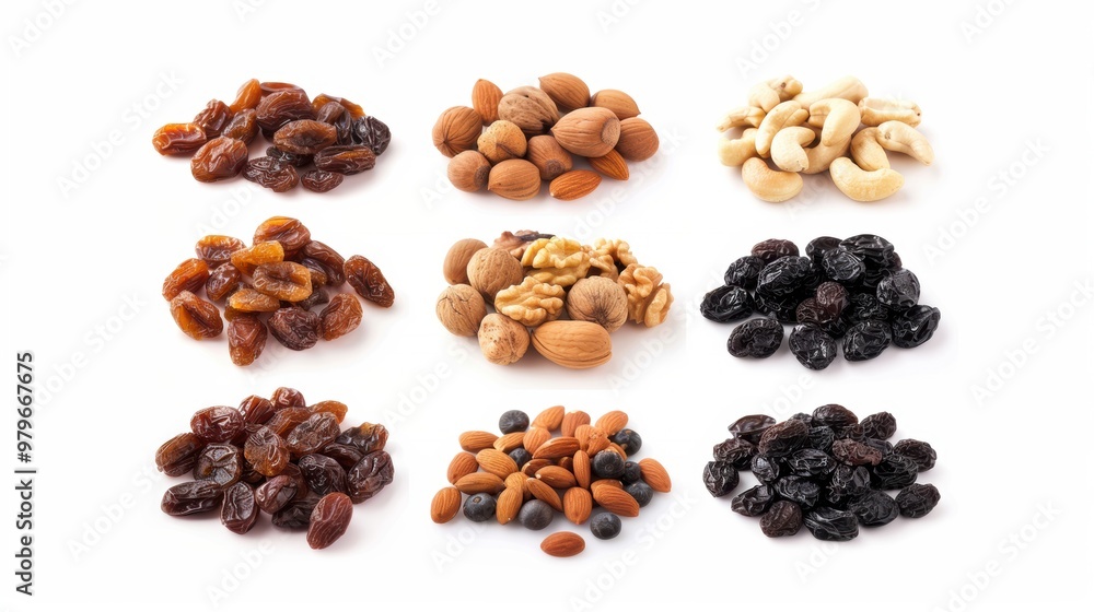 Raisin grain and a variety of nuts closeup view Raisin grain and a variety of nuts closeup view