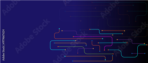 Vector colorful circuit board lines for futuristic technology. High-tech circuit board connection system