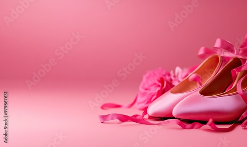 Elegant pink ballet shoes with ribbons on a soft pink background, perfect for dance and performance themed projects.