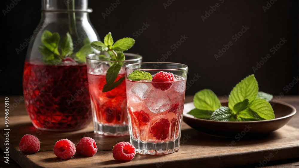 Two glasses of pink raspberry mint cocktail on a table with a decanter and fresh herbs, very refreshing. Two glasses of pink raspberry mint cocktail on a table with a decanter and fresh herbs, very refreshing.