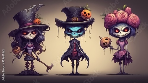 three halloween characters with different costumes