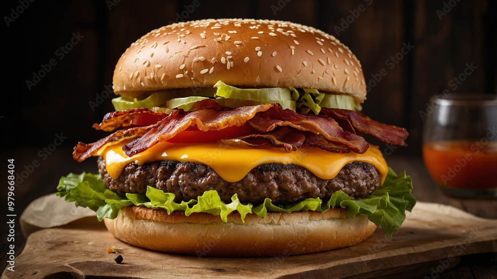 Delicious cheeseburger with bacon, lettuce, and pickles on a wooden board, with a side sauce. Delicious cheeseburger with bacon, lettuce, and pickles on a wooden board, with a side sauce.