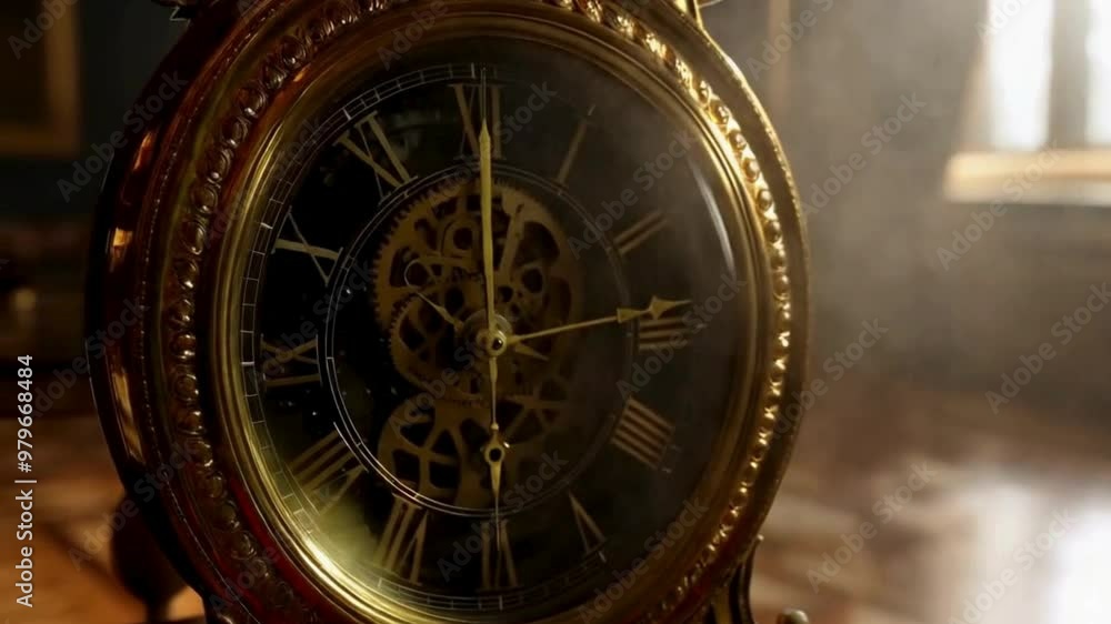 Close-up of Antique Gold Clock with Roman Numerals and Visible Gears Close-up of Antique Gold Clock with Roman Numerals and Visible Gears