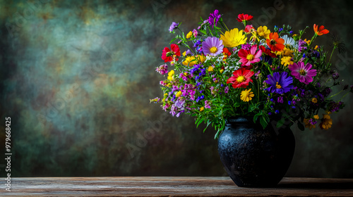 Wallpaper Mural Colorful bouquet of wildflowers in an old black iron pot on a wooden table against a rustic background Torontodigital.ca