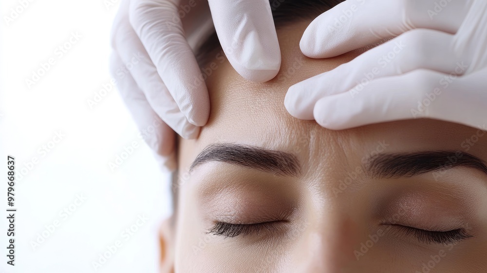 Naklejka premium A close-up of a woman's forehead as a gloved hand gently injects botulinum toxin. The woman remains calm and still, with a clean white studio background.