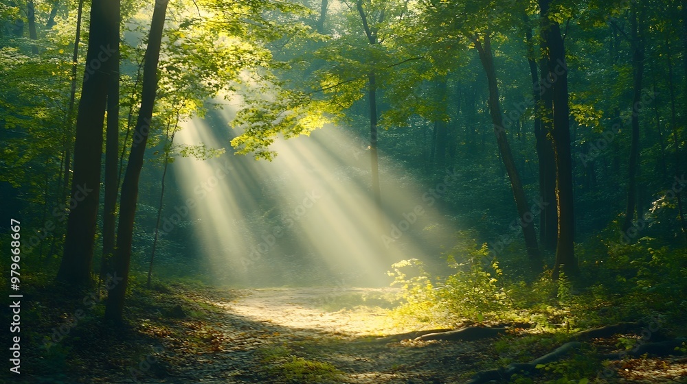 A sunlit path winds through a dense forest, with rays of light piercing through the leaves and creating a mystical atmosphere. A sunlit path winds through a dense forest, with rays of light piercing through the leaves and creating a mystical atmosphere.
