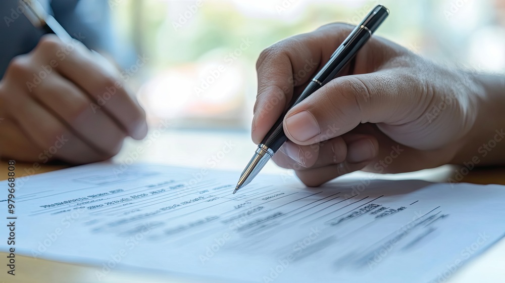 Closeup of a hand signing a document with a pen Closeup of a hand signing a document with a pen