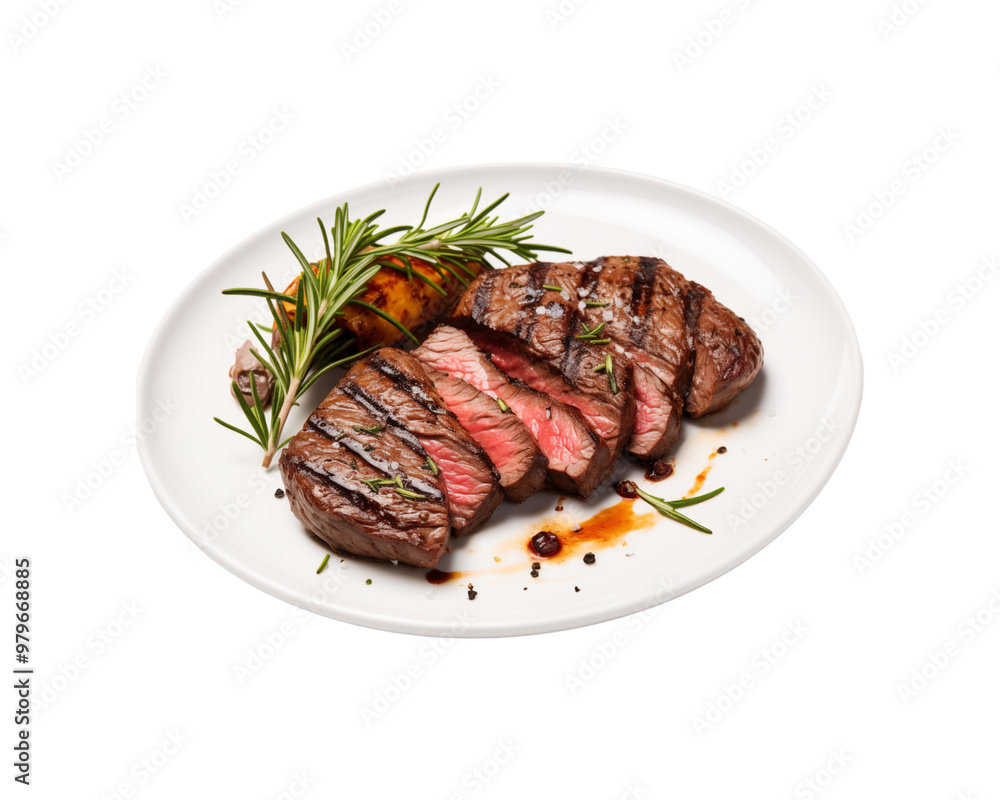 Sliced grilled steak on a white plate with rosemary and peppercorns. Perfect for food blogs, restaurant menus, and recipe books. Generative AI Sliced grilled steak on a white plate with rosemary and peppercorns. Perfect for food blogs, restaurant menus, and recipe books. Generative AI