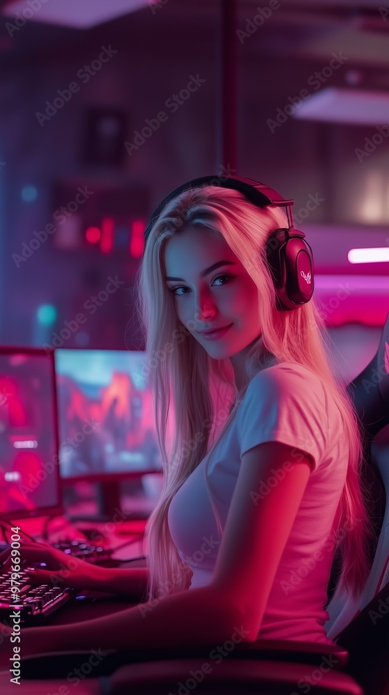 Blonde woman gaming and streaming at a computer setup, illuminated by vibrant pink and blue neon lights. Blonde woman gaming and streaming at a computer setup, illuminated by vibrant pink and blue neon lights.